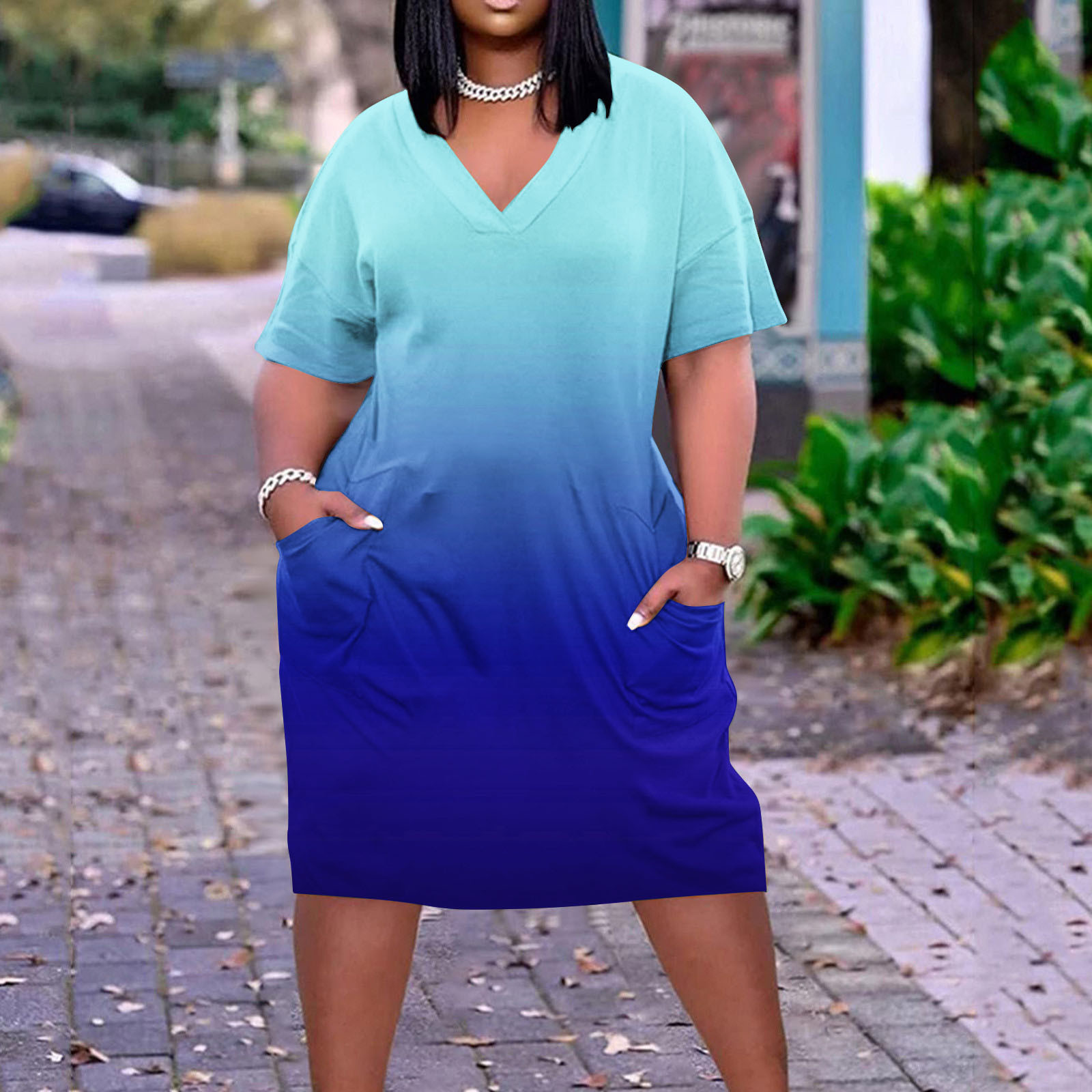 Usmixi Womens Dresses Short Sleeve V-Neck Gradient Midi Summer Dress Vintage Swing T Shirt Pocket Plus Size Dresses Sky Blue XXXXL